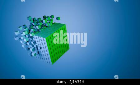 3d cube abstract background. Technology futuristic geometric block disintegrating into particles on blue background. High quality 3d illustration Stock Photo