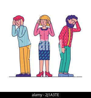 Stressed men and woman feeling headache. Tired sad people holding head, having health problems. Vector illustration for depression, stress, migraine, Stock Vector