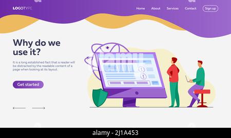 Developers testing software. Man with laptops watching infographics, fixing bugs, using computer. Vector illustration for application, programming, co Stock Vector