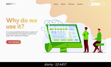 Developers testing software. Man with laptops watching infographics, fixing bugs, using computer. Vector illustration for application, programming, co Stock Vector