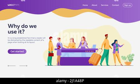 Friendly receptionists from hotel registration desk help client vector illustration. People waiting in queue for consultation. Concierge talking with Stock Vector