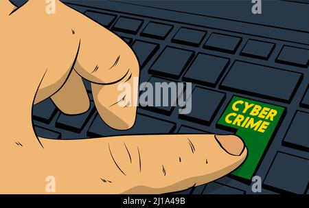 Cyber Crime word on computer keyboard. Man push keypad on laptop. Comic book style concept. Stock Vector
