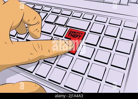 Identity Theft word on computer keyboard. Man push keypad on laptop. Comic book style concept. Stock Vector