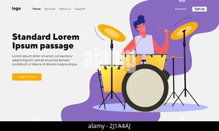 Man playing drums. Musician, concert, musical instrument flat vector illustration. Music, entertainment, equipment, rock band for banner, website desi Stock Vector