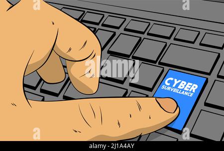 Cyber Surveillance word on computer keyboard. Man push keypad on laptop. Comic book style concept. Stock Vector