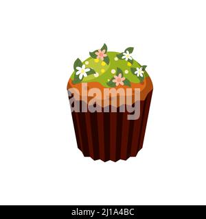 Easter cupcake decorated flowers and grass, muffin. Sweet food, dessert Stock Vector