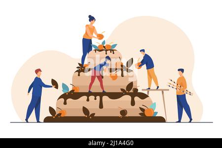 Bakers preparing wedding or birthday cake. People decorating big sweet pastry meal with chocolate glaze and cherry. Vector illustration for dessert, b Stock Vector