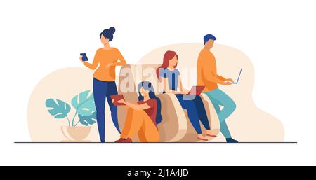 Digital device users spending time together. Group of men and women using laptop computers, tablet, smartphone. Vector illustration for web browsing, Stock Vector