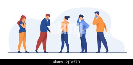 Group of sick people suffering from flu symptoms. Men and women feeling headache, sneezing, applying handkerchief to noses. Vector illustration for he Stock Vector