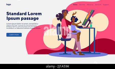 Mother and little daughter using graphic editor together. Designer working with kid flat vector illustration. Drawing, freelance, motherhood concept f Stock Vector
