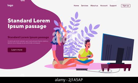 Mother and son playing video games. Cheerful woman and boy gaming flat vector illustration. Console gaming, digital leisure activities concept for ban Stock Vector