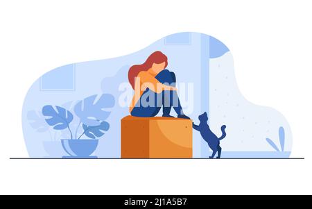 Lonely girl suffering from depression. Unhappy depressed young woman sitting, curling on couch at home, crying. Vector illustration for mental illness Stock Vector