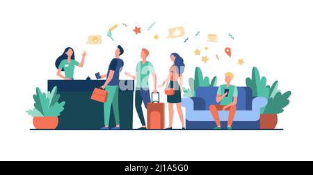 Tourists with bags checking in at hotel. Queue of people standing at reception desk in hotel lobby. Vector illustration for travel, business, tourism Stock Vector