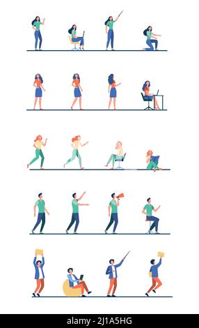 Set of cartoon people in different poses of activity flat vector illustration. Men and women standing, running, showing, working, reading on white bac Stock Vector