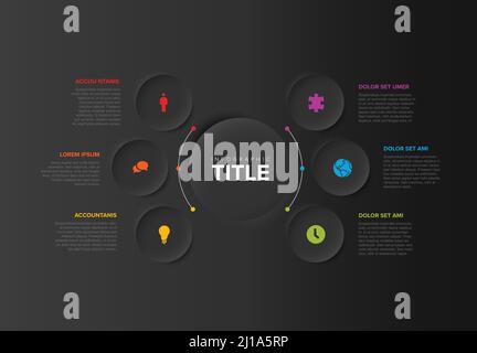 Vector multipurpose Infographic template with title and six elements options around big circle. Multipurpose Infochart with modern colors. Infographic Stock Vector