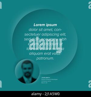 Simple teal minimalistic testimonial review section layout template with testimonial, photo placeholder, quote and big relief circle as speech bubble Stock Vector