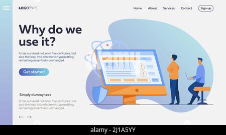 Developers testing software. Man with laptops watching infographics, fixing bugs, using computer. Vector illustration for application, programming, co Stock Vector