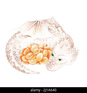 Golden and green cute dragon. Hand drawn watercolor cartoon isolated ...