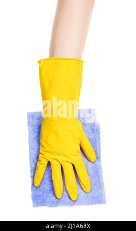 hand in yellow rubber glove with plain blue rag isolated on white background Stock Photo