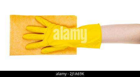 hand in yellow rubber glove holds flat yellow rag isolated on white background Stock Photo