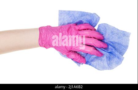 hand in pink vinyl glove holds crumpled blue rag isolated on white background Stock Photo