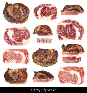 set of various cooked and raw rib eye beef steaks isolated on white background Stock Photo