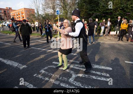 Julian Assange and Stella Moris Wedding at HM Belmarsh Prison, UK Picture shows protersters outside the prison after the ceremony. 23rd March 2022, Belmarsh, East London, UK Credit: Jeff Gilbert/Alamy Live News Stock Photo