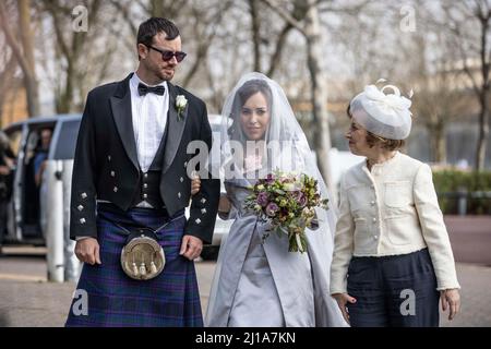 Julian Assange and Stella Moris Wedding at HM Belmarsh Prison, UK Picture shows Stella escorted to the entrance of the prison ahead of the ceremony. 23rd March 2022, Belmarsh, East London, UK Credit: Jeff Gilbert/Alamy Live News Stock Photo