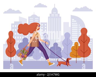 Woman Walking with Dog in City Park Stock Vector