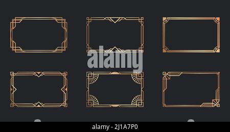 Art deco golden frames set. Line gold decorative borders isolated on black background. Vector illustration for vintage, decoration, antique design con Stock Vector
