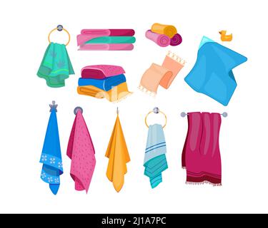 Bath, beach, kitchen towels set. Colorful textile, hanging, stacked and rolled towels. Vector illustration for domestic accessory, household, bathroom Stock Vector