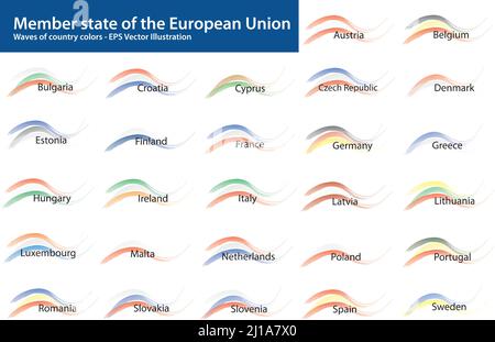 Vector illustration. Set of wave patterns in the colors of the flags and Country names of all EU member states in 2022. Stock Vector