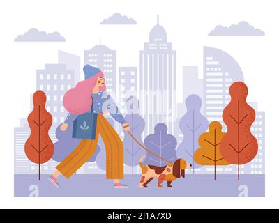 Girl Walking with Dog in City Park Stock Vector