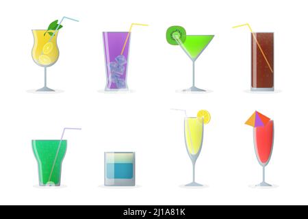 Cocktail glasses set. Colorful cold drinks with straws, vermouth, mojito, gin. Vector illustration for summer party, bar, alcoholic beverages concept Stock Vector