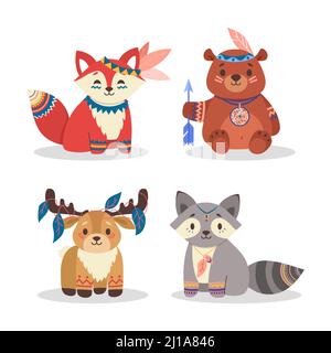 Cute woodland animals set. Fox, bear, raccoon, deer with tribal ornaments. Vector illustration for boho style, cartoon characters, red Indian culture Stock Vector