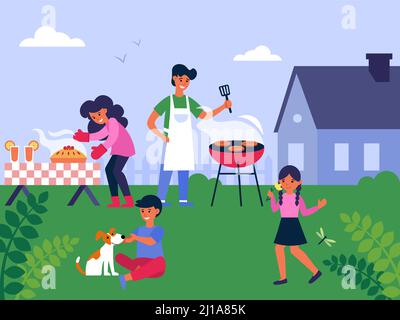 Family cooking barbecue at backyard flat vector illustration. Garden BBQ party. Mother, father and happy children with dog. Outdoor leisure and modern Stock Vector