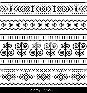 Slovak tribal folk art vector seamless geometric long horizontal pattern set, zig-zag, swirls, dots and abstract background Stock Vector
