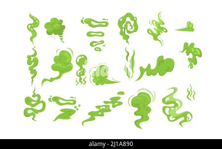 Stinky smoke samples set. Green fart clouds, toxic steam, odor. Vector illustration for bad smell, disgusting stink, poor hygiene concept Stock Vector
