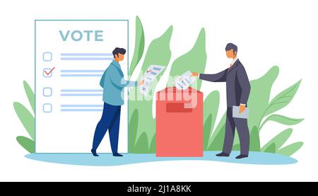 Voters inserting forms into ballot boxes. Presidential, congress, government election flat vector illustration. Democracy, poll, campaign concept for Stock Vector