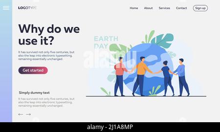 People walking around globe and holding each other by hands flat vector illustration. Tiny people saving world ecology. Big planet at background. Eart Stock Vector