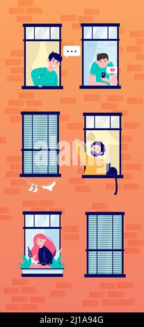 Apartment open windows with friendly neighbors flat vector illustration. Young people living in one building, man with cat talking with other guy. Lif Stock Vector