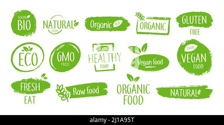 Bio product emblems flat icon set. Eco organic logo, natural fresh food stamps isolated vector illustration collection. Nature products and vegetarian Stock Vector