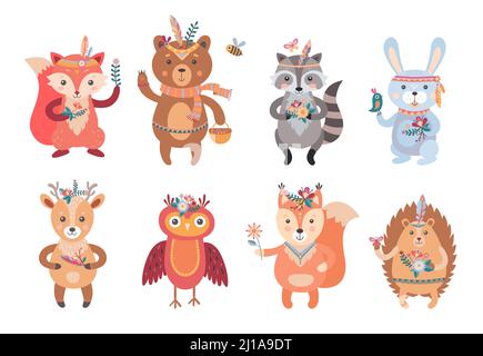 Cartoon boho animals set. Wildlife forest characters, deer, fox, owl, raccoon, decorated with red Indians tribal accessories, feathers and plants. Can Stock Vector