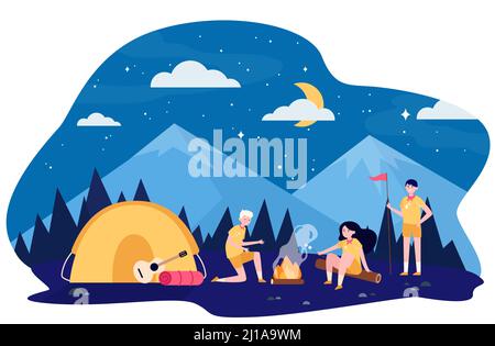 Children at campfire in mountain forest flat vector illustration. Cartoon scouts camping, sitting near fire and frying marshmallow. Adventure and summ Stock Vector