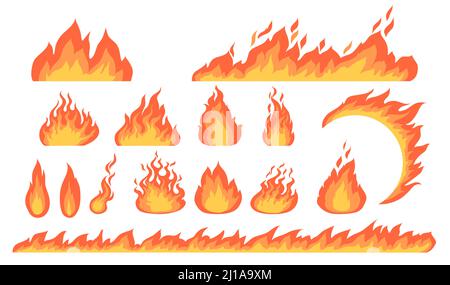 Cartoon fire flames flat vector collection. Cartoon car speed igniting symbol, campfire fiery silhouettes, hot blaze illustration set. Burning effects Stock Vector