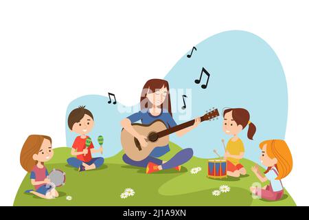 Children and teacher sitting on grass and playing musical instruments together. Kids enjoying outdoor music class. Daycare activities and musical educ Stock Vector