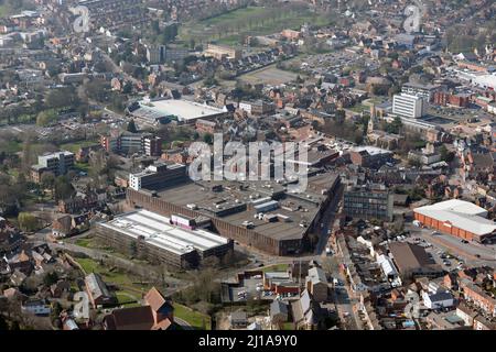 aerial view (looking up Midland Road) of Wellingborough town centre with the Swansgate Shopping Centre prominent in the foreground, Northamptonshire Stock Photo