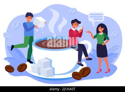 Coffee shop concept. Office people drinking black hot steaming coffee, talking, smiling among ceramic mug and coffee beans. Barista adding sugar to cu Stock Vector