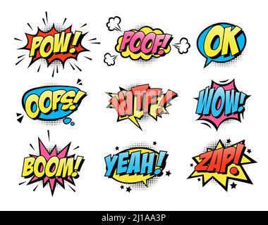 Comic burst text balloons flat icon collection. Cartoon smash and surprise speech bubbles vector illustration set. Expression and retro word effect co Stock Vector