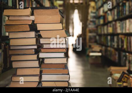 Heap of an old books in the library Stock Photo